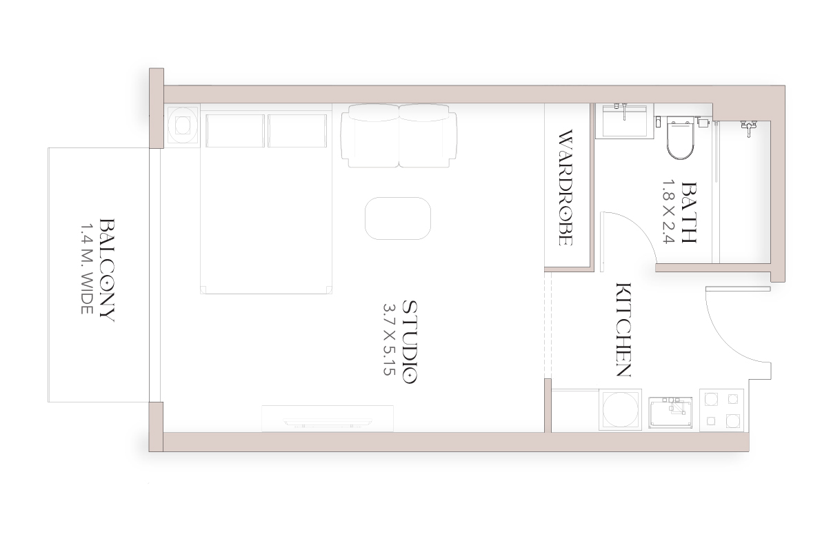 Luxor By Imtiaz Floor plan of a studio apartment featuring a balcony, kitchen, bathroom, wardrobe, and living area.